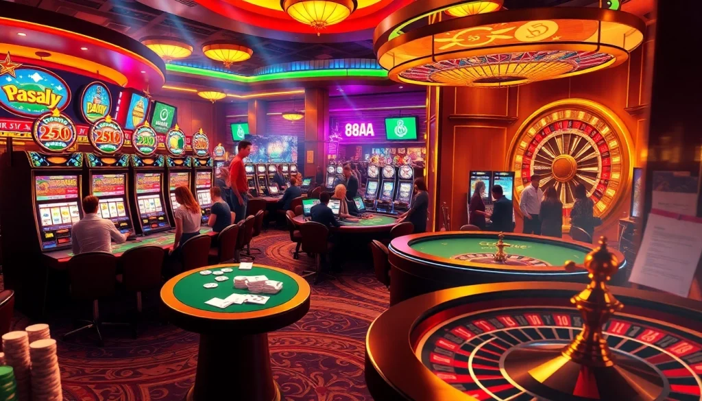 88AA casino scene with poker players, vibrant slot machines, and an engaging roulette atmosphere.