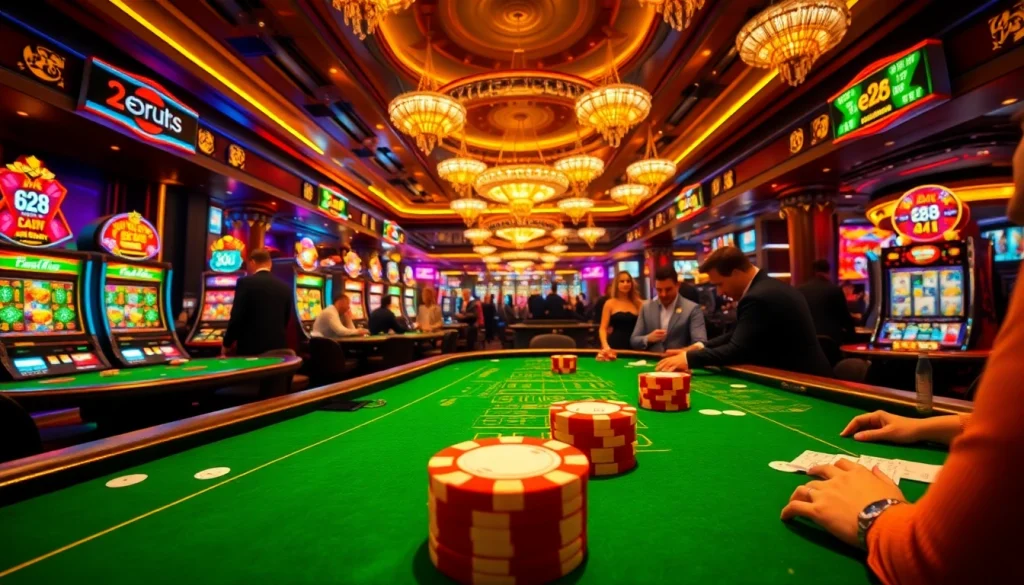 In a lively casino scene, e28 poker chips sparkle on a high-stakes table, surrounded by players in anticipation.