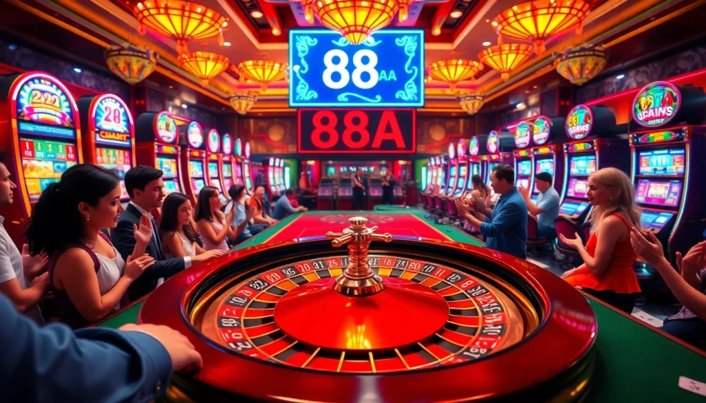 Experience the thrill of winning at 88AA casino with players around a roulette wheel.