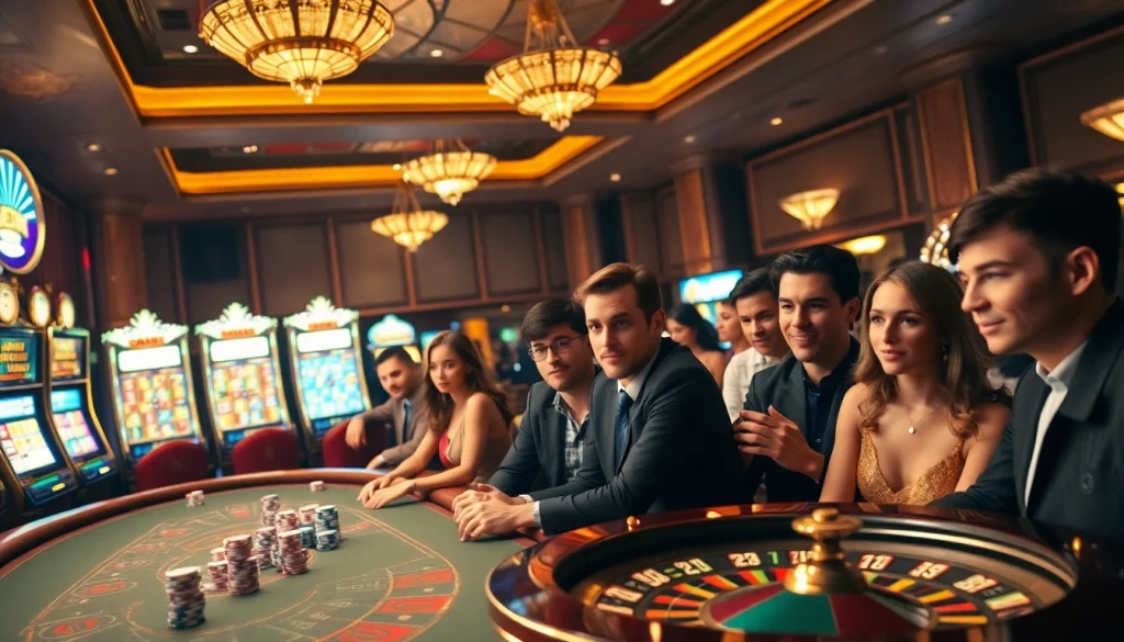 Experience the dynamic atmosphere of gambling at https://u888hii.com/, featuring a high-stakes poker table and vibrant slot machines.