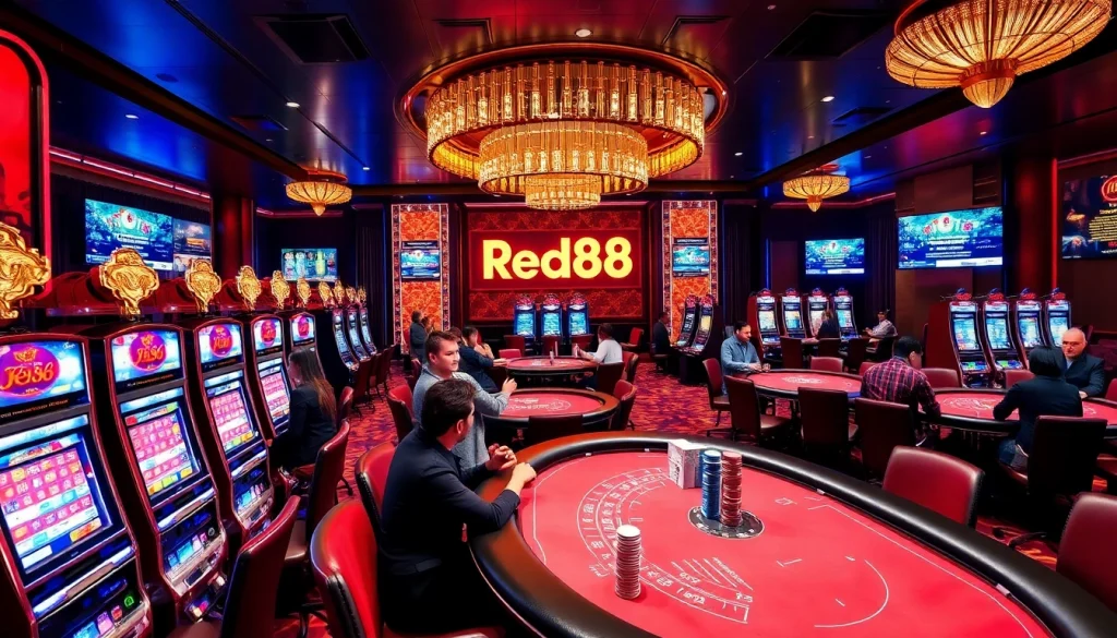 Exciting Red88 VIP casino experience with poker tables, slot machines, and vibrant ambiance.