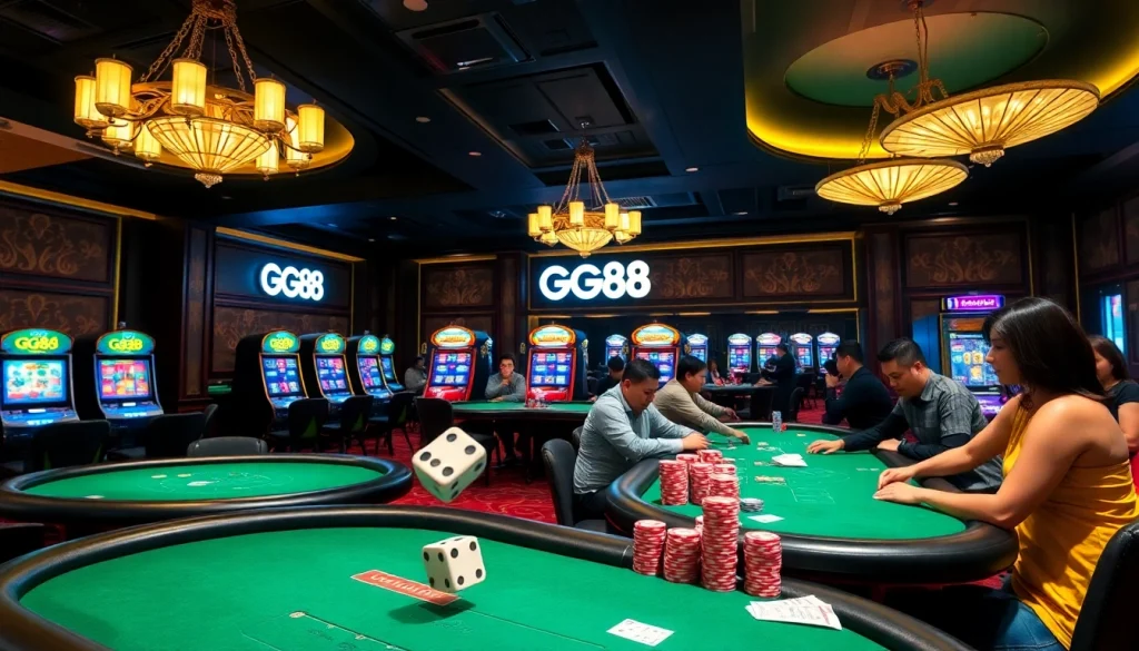 GG88 gaming enthusiasts celebrating wins at a luxury casino with vibrant slot machines and poker tables.