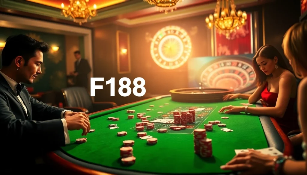 Experience F168's vibrant casino atmosphere with poker tables, chips, and roulette wheels.