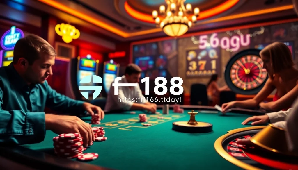 Players enjoying poker at a stylish casino while checking out https://f168.today/ for betting options.