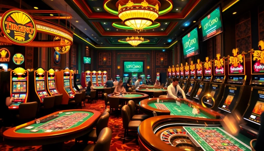 Players enjoying vibrant casino activities at nhacaiuytingo.com featuring engaging tables and slot machines.