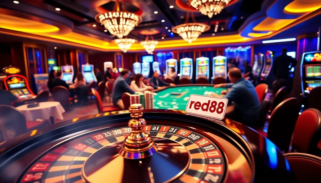 Experience the thrill of winning at red88 while playing poker with colorful chips and vibrant casino lights.