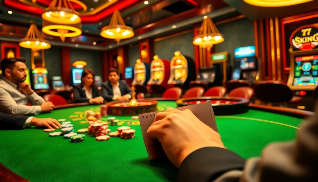 Experience the thrill of 79KING with high-stakes poker players and vibrant slot machines in a luxurious casino setting.